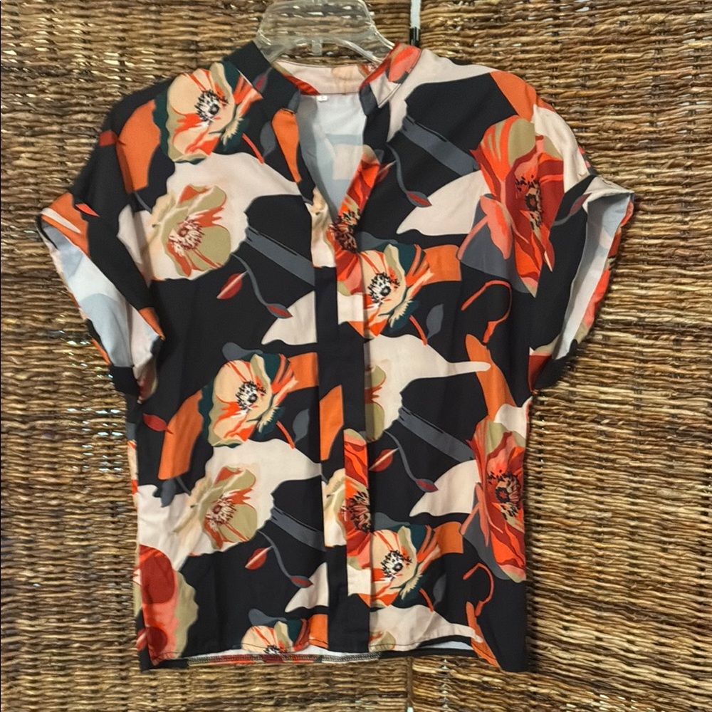 SHEIN Orange and Blqck Hibiscus Top